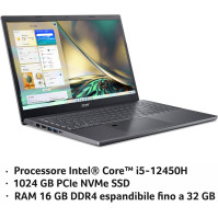 Acer Aspire 5 A515-57-51X4 PC Portatile, notebook, procesor Intel Core i5-12450H, RAM 16 GB DDR4, 1024 GB PCIe NVMe SSD, displej