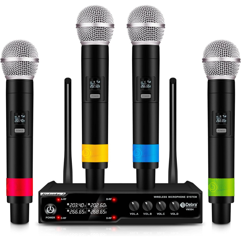 D Debra Audio VM304 VHF 4-kanálový bezdrátový mikrofonní systém s ručním mikrofonem s rozhraním XLR pro domácí karaoke, svatební