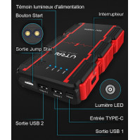 Nabíječka autobaterií UTRAI 2000A 13800mAh Jump Starter s inteligentní detekční LED lampou EC5 s LCD displejem (7,5L benzín a 5,