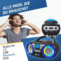 Přenosný CD přehrávač KLIM B3 - NOVINKA 2024 - FM rádio, CD, MP3, Bluetooth, AUX, USB, RGB LED - CD Boombox - dobíjecí baterie -