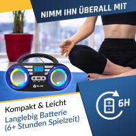 Přenosný CD přehrávač KLIM B3 - NOVINKA 2024 - FM rádio, CD, MP3, Bluetooth, AUX, USB, RGB LED - CD Boombox - dobíjecí baterie -