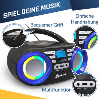 Přenosný CD přehrávač KLIM B3 - NOVINKA 2024 - FM rádio, CD, MP3, Bluetooth, AUX, USB, RGB LED - CD Boombox - dobíjecí baterie -