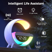 Suewidfay Atmosphere Lamp 15W bezdrátová nabíječka Led Budík Smart Stolní lampa s Bluetooth reproduktorem Oslňující světla 13 re