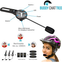 BuddyChat Trio - Interkomový systém s 3x moduly Bluetooth s dosahem až 1 km - Hands-free systém s potlačením šumu DSP a připojen