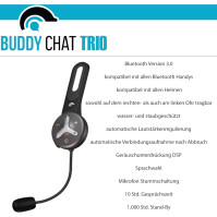 BuddyChat Trio - Interkomový systém s 3x moduly Bluetooth s dosahem až 1 km - Hands-free systém s potlačením šumu DSP a připojen