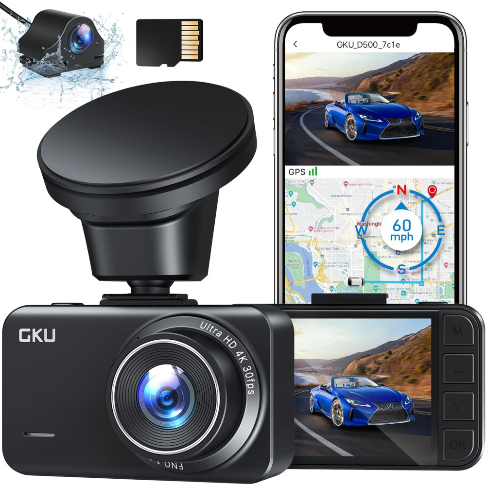 GKU Dashcam Car Front Rear 4K+2.5K - GPS WiFi Dash Cam s 32GB SD kartou, 24hodinové monitorování parkování, duální kamera do aut