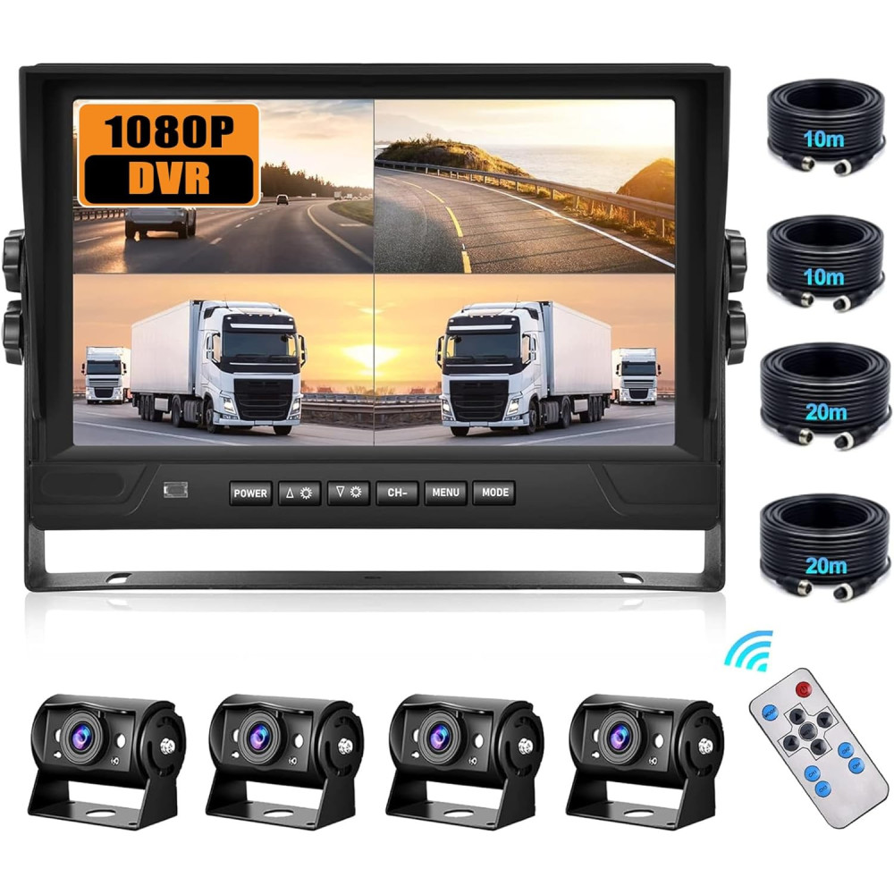 CAMECHO RV couvací kamera sada 4 kamer, záznam videa 9" LCD monitor DVR+4 rozdělené zadní a přední kamery, široký úhel záběru, I